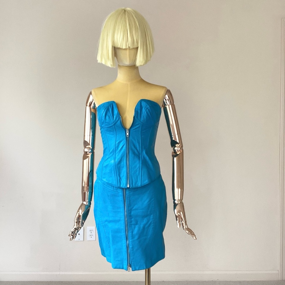 Vintage Vibrant Blue Strapless Corset Leather Skirt Set SZ 2
